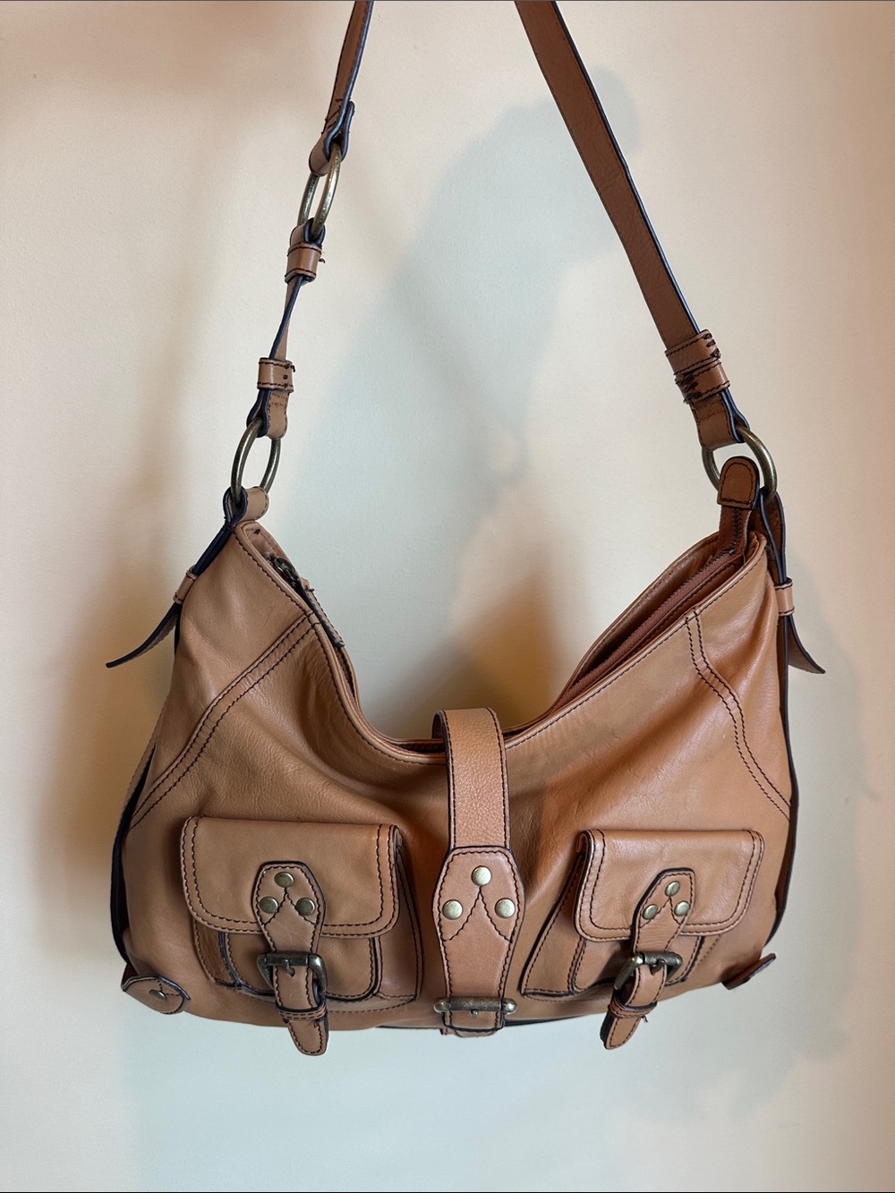 BCBGirls Brown Leather Shoulder Bag with Double Buckle Pockets
